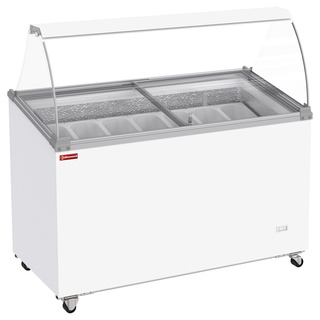 photo 1 conservateur comptoir à glaces, 381 litres, couvercles coulissants sur roulettes avec vitres bombées , capacité 7 bacs