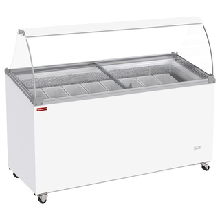 photo 1 conservateur comptoir à glaces, 467 litres, couvercles coulissants sur roulettes avec vitres bombées , capacité 8 bacs
