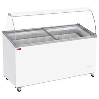 photo 3 conservateur comptoir à glaces, 467 litres, couvercles coulissants sur roulettes avec vitres bombées , capacité 8 bacs