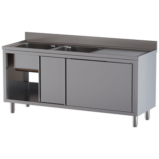 photo 1 plonge 2 cuves 500x500x300, égouttoir droit, sur armoire 2 portes coulissantes