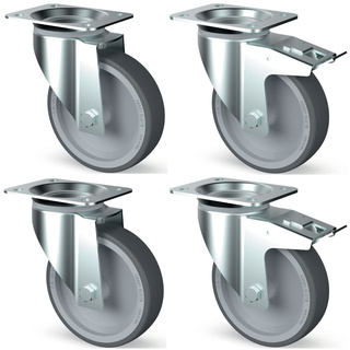 photo 1 kit 4 roues inox, pivotantes, 2x freins