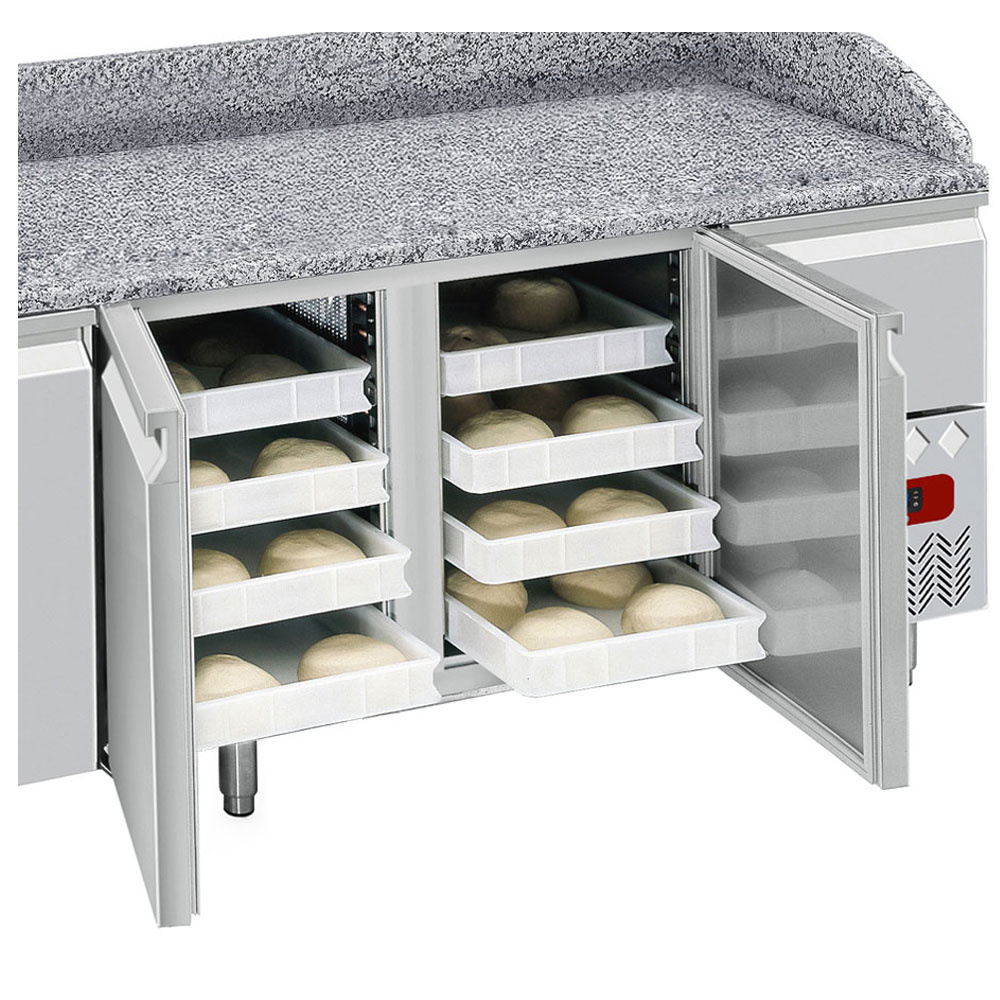 Table frigo 3 portes 600x400, 2 tiroirs neutres 8x bacs 600x400 tiroir  ustensiles < Tables à Pizza