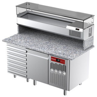 photo 2 table frigorifique, ventilée, pour pizza 1 porte et 7 tiroirs avec  vitrine refrigérée 1600x380x410 et plan de travail en granit