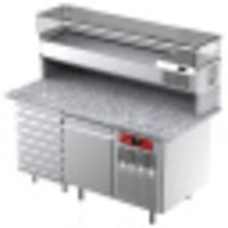 photo 3 table frigorifique, ventilée, pour pizza 1 porte et 7 tiroirs avec  vitrine refrigérée 1600x380x410 et plan de travail en granit