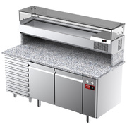 Photo 1 matériel référence TPC-185PL5: Table frigorifique, ventilée, pour pizza 2 portes et 7 tiroirs avec  vitrine refrigérée 1800x380x410 et plan de travail en granit