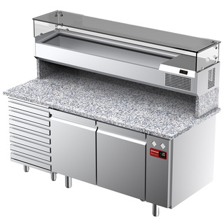 photo 1 table frigorifique, ventilée, pour pizza 2 portes et 7 tiroirs avec  vitrine refrigérée 1800x380x410 et plan de travail en granit