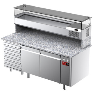photo 2 table frigorifique, ventilée, pour pizza 2 portes et 7 tiroirs avec  vitrine refrigérée 1800x380x410 et plan de travail en granit