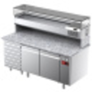 photo 3 table frigorifique, ventilée, pour pizza 2 portes et 7 tiroirs avec  vitrine refrigérée 1800x380x410 et plan de travail en granit