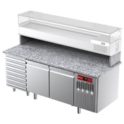 Photo matériel référence TPC-205M4 : Table frigorifique, ventilée, pour pizza 2 portes et 7 tiroirs avec plan de travail en granit