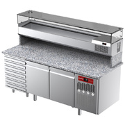 Photo 1 matériel référence TPC-205PL4: Table frigorifique, ventilée, pour pizza 2 portes et 7 tiroirs avec  vitrine refrigérée 2000x380x410 et plan de travail en granit