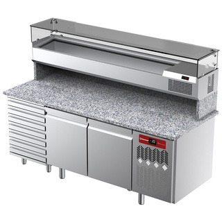 photo 1 table frigorifique, ventilée, pour pizza 2 portes et 7 tiroirs avec  vitrine refrigérée 2000x380x410 et plan de travail en granit