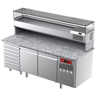 photo 2 table frigorifique, ventilée, pour pizza 2 portes et 7 tiroirs avec  vitrine refrigérée 2000x380x410 et plan de travail en granit
