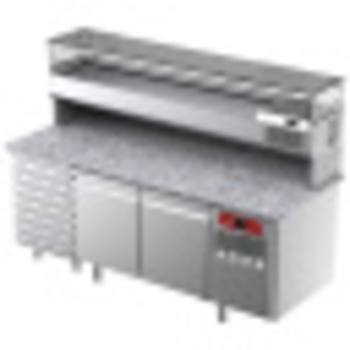 photo 3 table frigorifique, ventilée, pour pizza 2 portes et 7 tiroirs avec  vitrine refrigérée 2000x380x410 et plan de travail en granit
