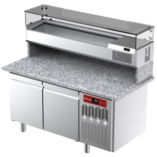 photo 2 table frigorifique, ventilée, pour pizza 2 portes avec  vitrine refrigérée 1600x380x410 et plan de travail en granit