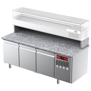 photo 1 table frigorifique, ventilée, pour pizza 3 portes avec plan de travail en granit