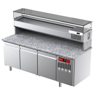 photo 2 table frigorifique, ventilée, pour pizza 3 portes avec  vitrine refrigérée 2000x380x410 et plan de travail en granit
