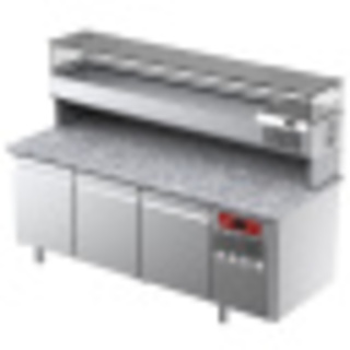 photo 3 table frigorifique, ventilée, pour pizza 3 portes avec  vitrine refrigérée 2000x380x410 et plan de travail en granit