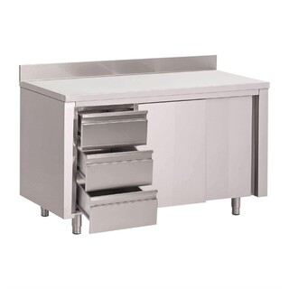 photo 1 table armoire inox avec dosseret 3 tiroirs à gauche et portes coulissantes gastro m 850x2000x700mm