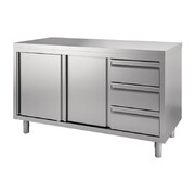 Photo 1 matériel référence GN163: Table armoire inox avec portes coulissantes et 3 tiroirs à droite Gastro M 1400 x 700 x 850mm