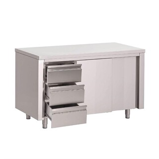 photo 1 table armoire inox avec portes coulissantes et 3 tiroirs à gauche gastro m 1500 x 700 x 850mm