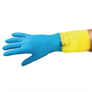 photo 7 gants étanches protection chimique légère bleus et jaunes mapa alto 405 l