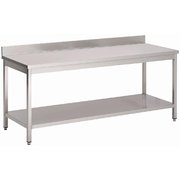 Table démontable adossée tout inox,dessus aisi 304 etagère basse, pieds carrés, verins inox