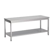Table démontable centrale tout inox, dessus inox 304 avec étagère pieds carrés verins inox
