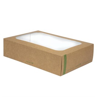 photo 4 boîtes compostables standards avec plateau et couvercle à fenêtre vegware lot de 50